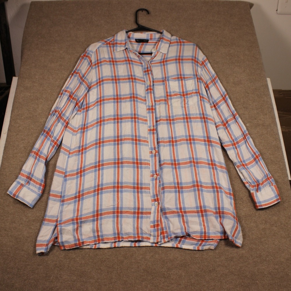 Wednesday's Girl Blue Orange Plaid Button Down Shirt Long Sleeve Size S
